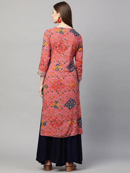 Ethnic Printed & Embroidered Straight Kurta - Punch Pink