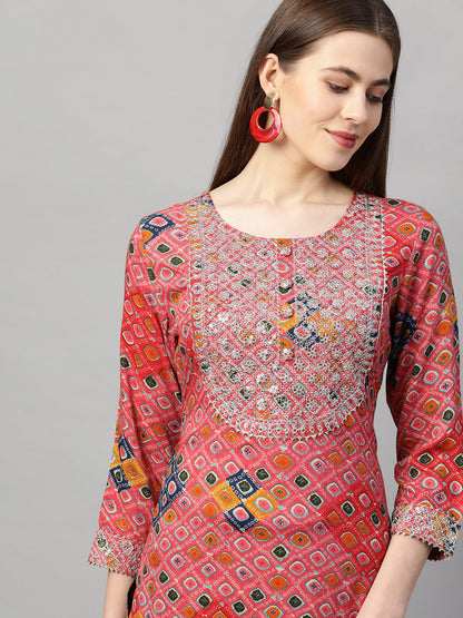 Ethnic Printed & Embroidered Straight Kurta - Punch Pink
