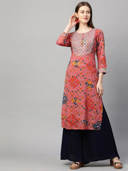 Ethnic Printed & Embroidered Straight Kurta - Punch Pink