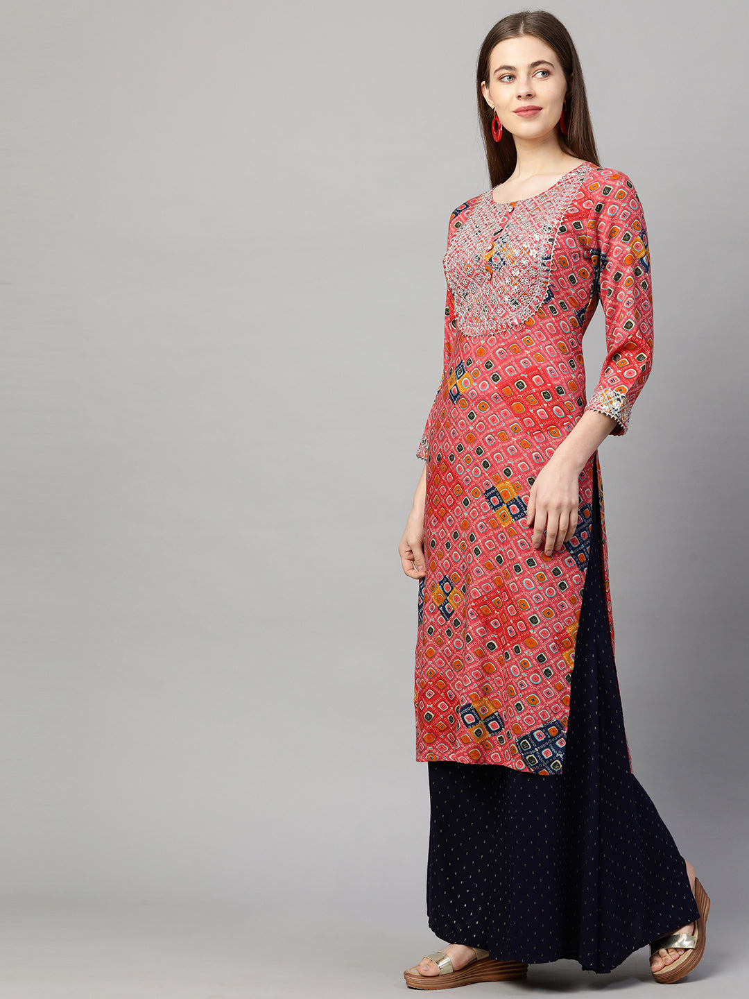 Ethnic Printed & Embroidered Straight Kurta - Punch Pink