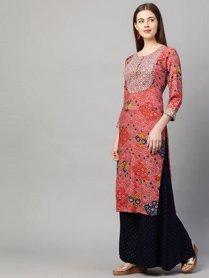 Ethnic Printed & Embroidered Straight Kurta - Punch Pink