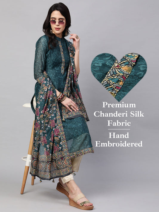Kantha Embroidered & Printed Kurta and Dupatta - Teal Green