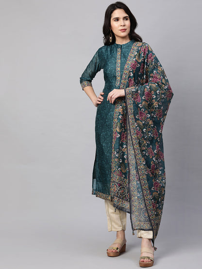 Kantha Embroidered & Printed Kurta and Dupatta - Teal Green