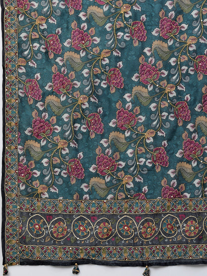 Kantha Embroidered & Printed Kurta and Dupatta - Teal Green