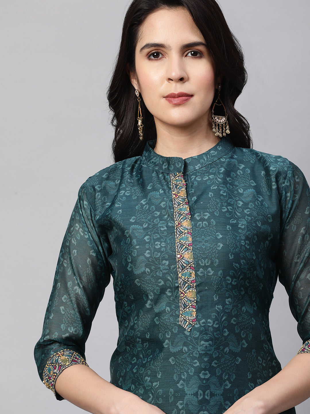 Kantha Embroidered & Printed Kurta and Dupatta - Teal Green