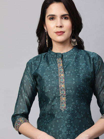 Kantha Embroidered & Printed Kurta and Dupatta - Teal Green