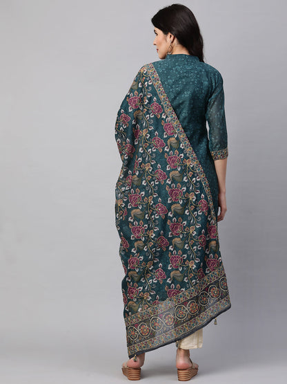 Kantha Embroidered & Printed Kurta and Dupatta - Teal Green