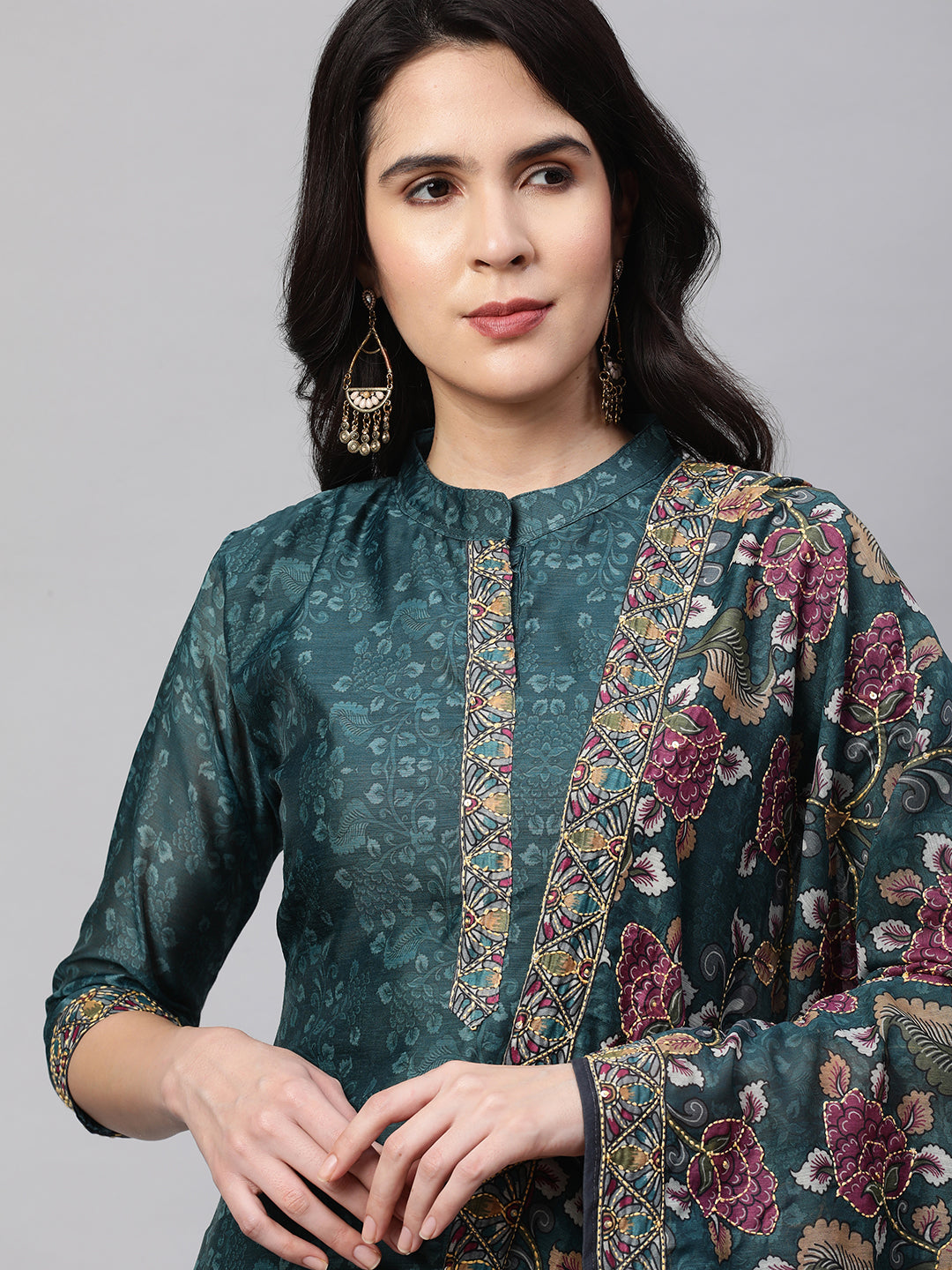 Kantha Embroidered & Printed Kurta and Dupatta - Teal Green