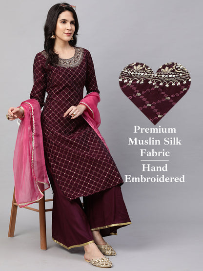 Ethnic Printed & Embroidered Kurta with Palazzo and Dupatta - Wine