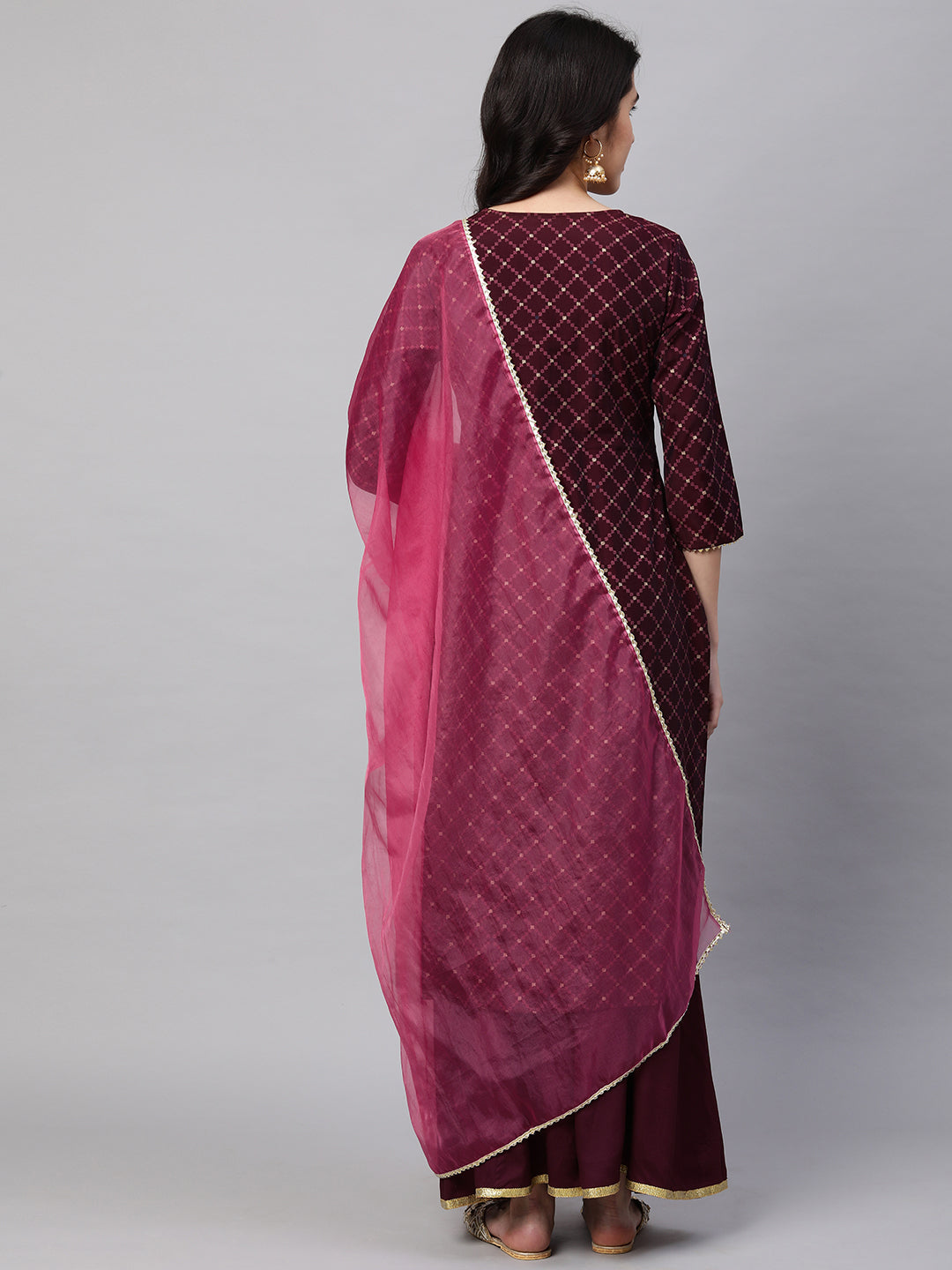 Ethnic Printed & Embroidered Kurta with Palazzo and Dupatta - Wine