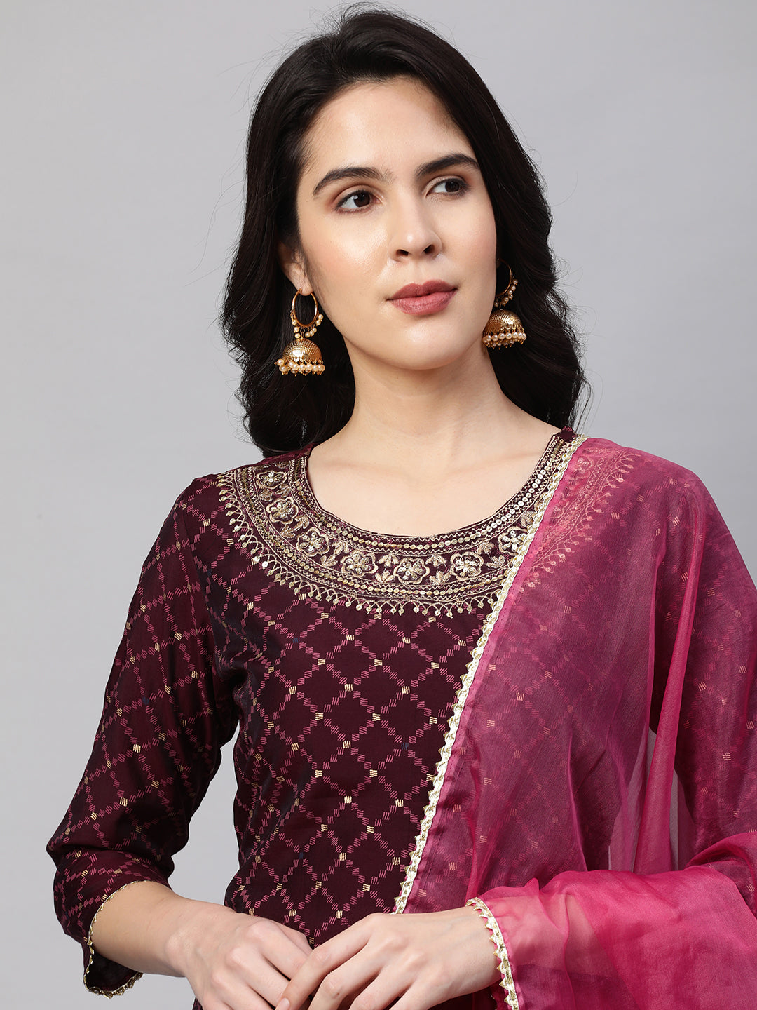 Ethnic Printed & Embroidered Kurta with Palazzo and Dupatta - Wine