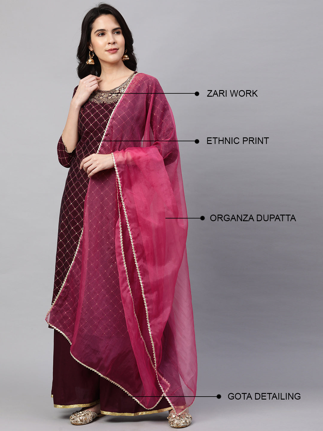 Ethnic Printed & Embroidered Kurta with Palazzo and Dupatta - Wine