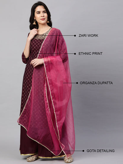 Ethnic Printed & Embroidered Kurta with Palazzo and Dupatta - Wine