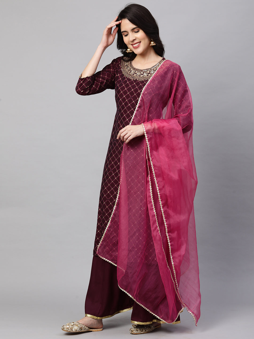 Ethnic Printed & Embroidered Kurta with Palazzo and Dupatta - Wine