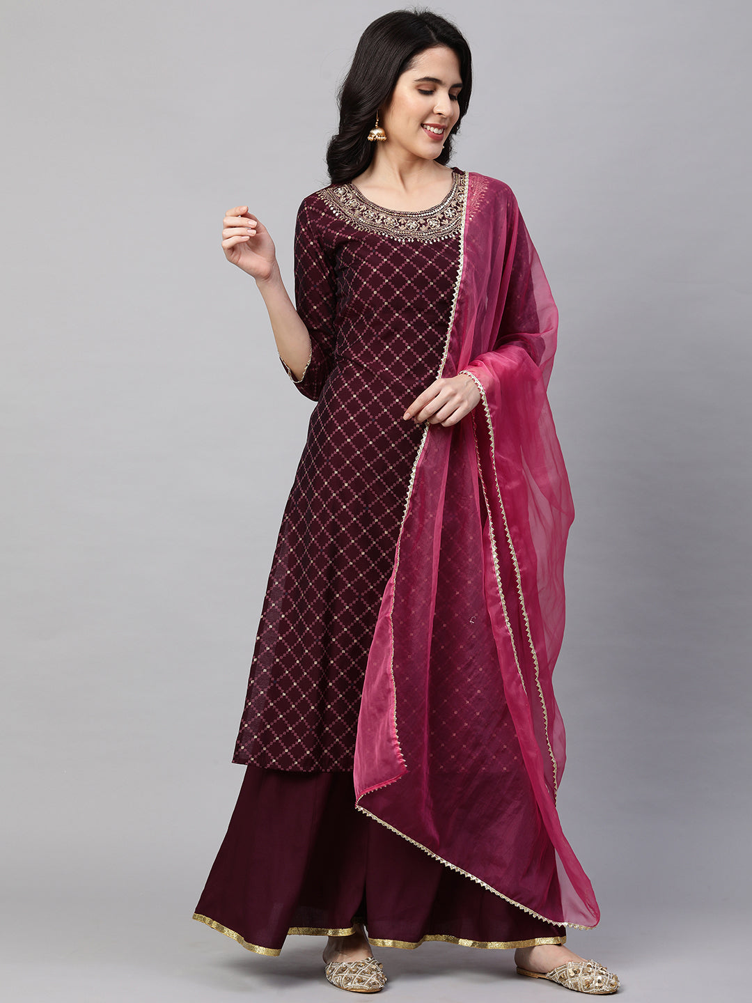 Ethnic Printed & Embroidered Kurta with Palazzo and Dupatta - Wine