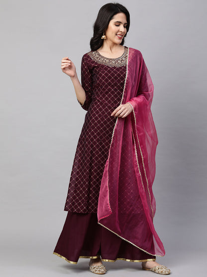 Ethnic Printed & Embroidered Kurta with Palazzo and Dupatta - Wine