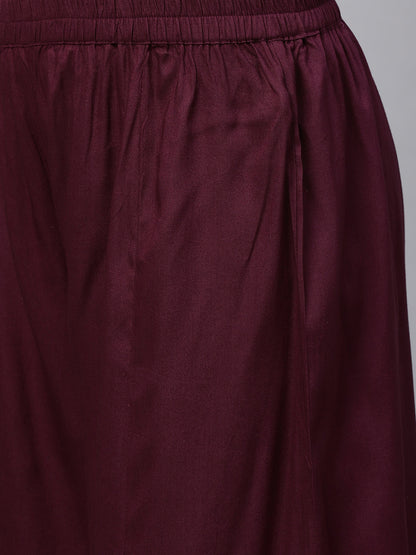 Ethnic Printed & Embroidered Kurta with Palazzo and Dupatta - Wine