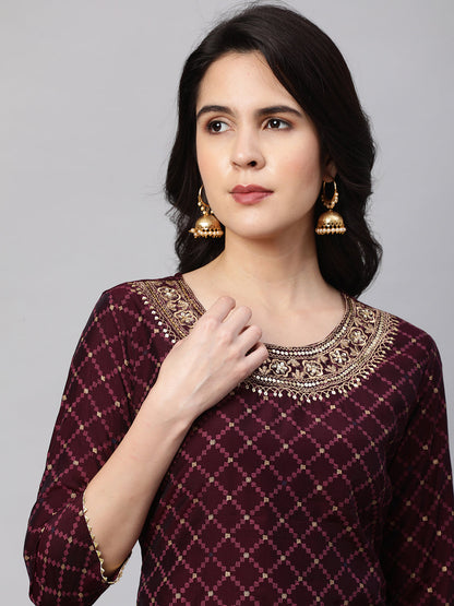 Ethnic Printed & Embroidered Kurta with Palazzo and Dupatta - Wine