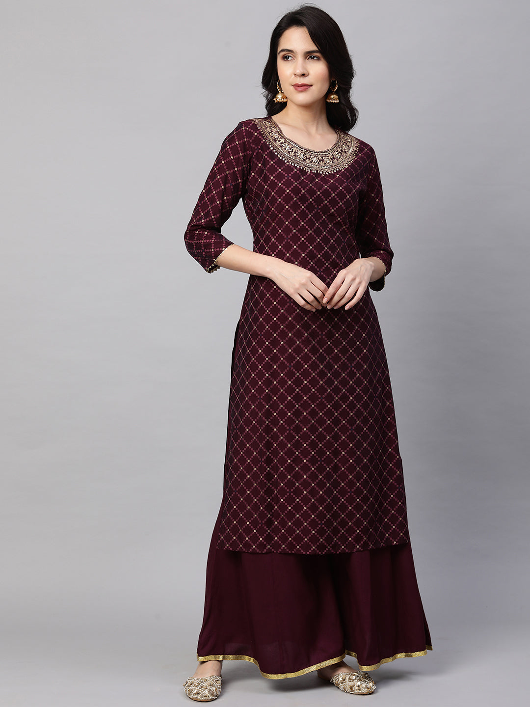 Ethnic Printed & Embroidered Kurta with Palazzo and Dupatta - Wine