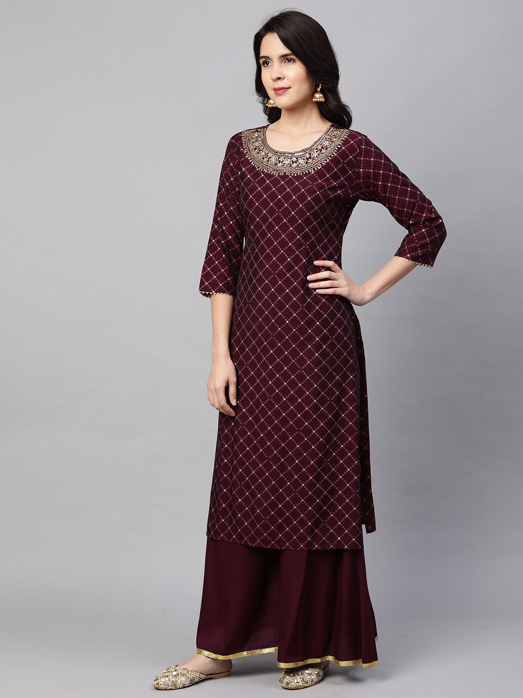 Ethnic Printed & Embroidered Kurta with Palazzo and Dupatta - Wine