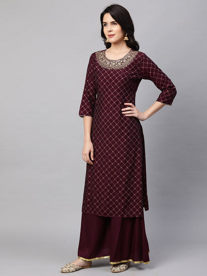 Ethnic Printed & Embroidered Kurta with Palazzo and Dupatta - Wine
