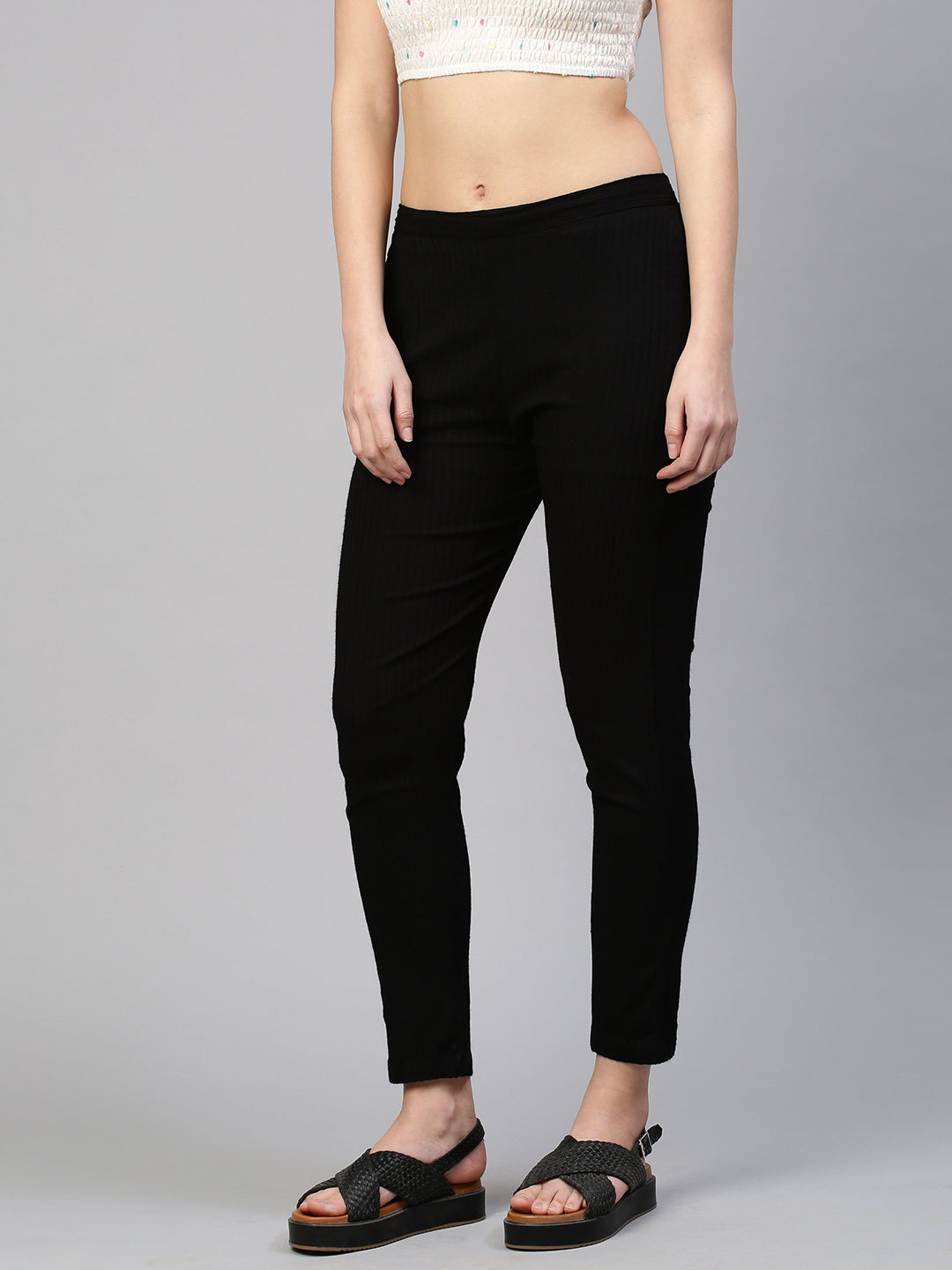 Woven Striped Stretchable Jegging Pant - Black