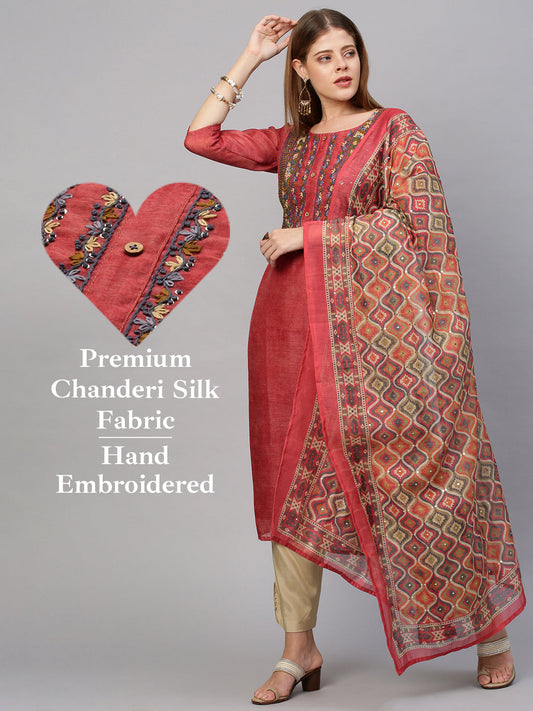 Floral Embroidered Kurta with Printed Dupatta - Salmon Peach