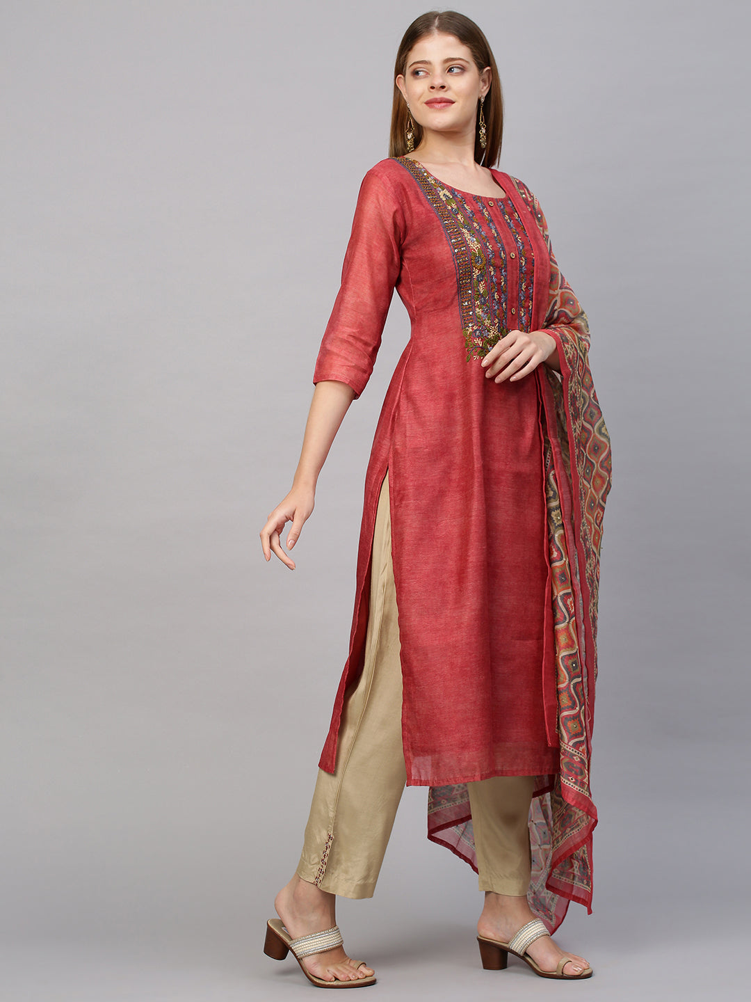Floral Embroidered Kurta with Printed Dupatta - Salmon Peach
