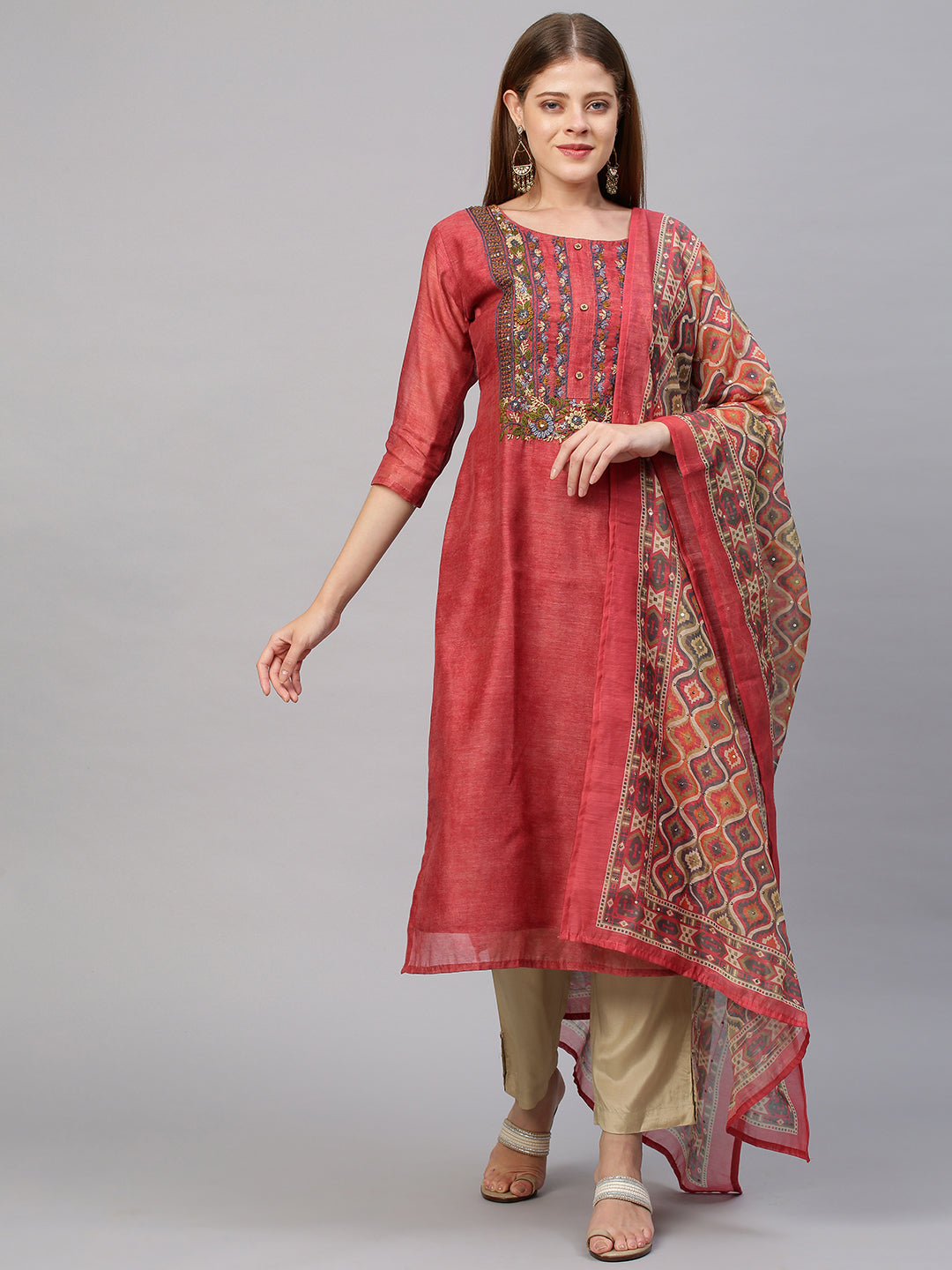 Floral Embroidered Kurta with Printed Dupatta - Salmon Peach