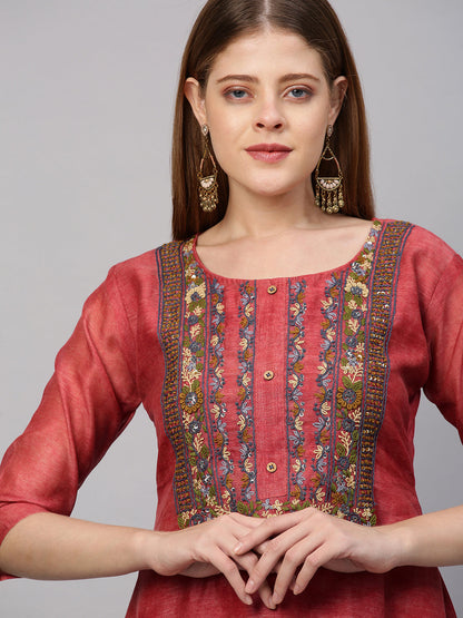 Floral Embroidered Kurta with Printed Dupatta - Salmon Peach