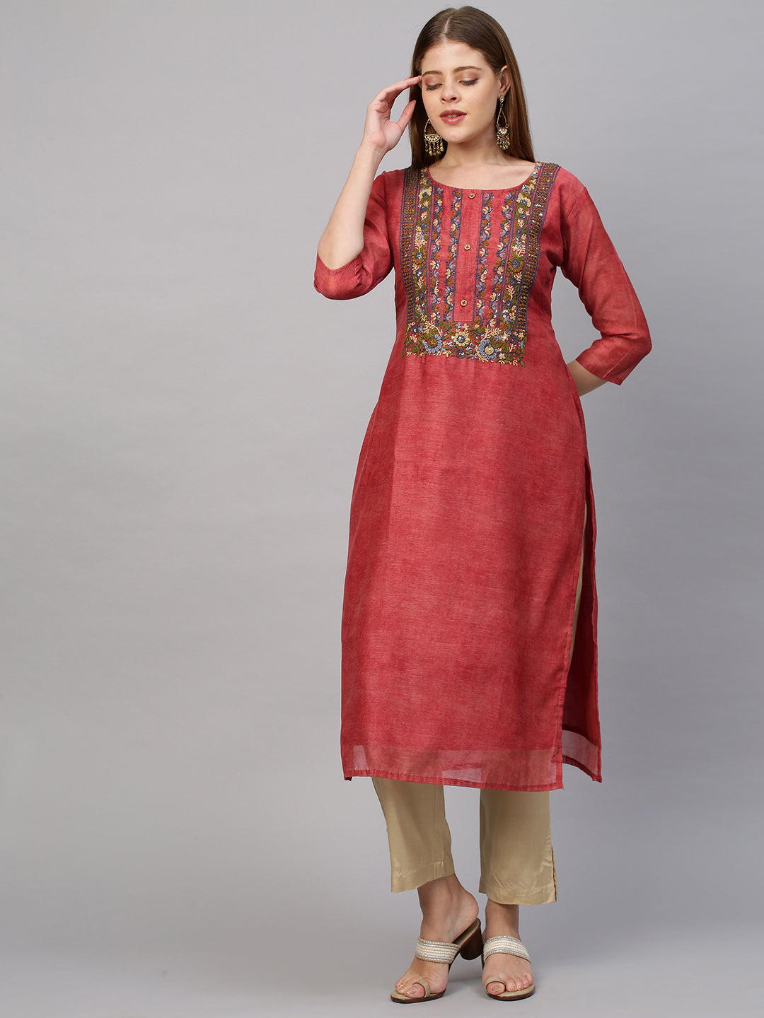 Floral Embroidered Kurta with Printed Dupatta - Salmon Peach