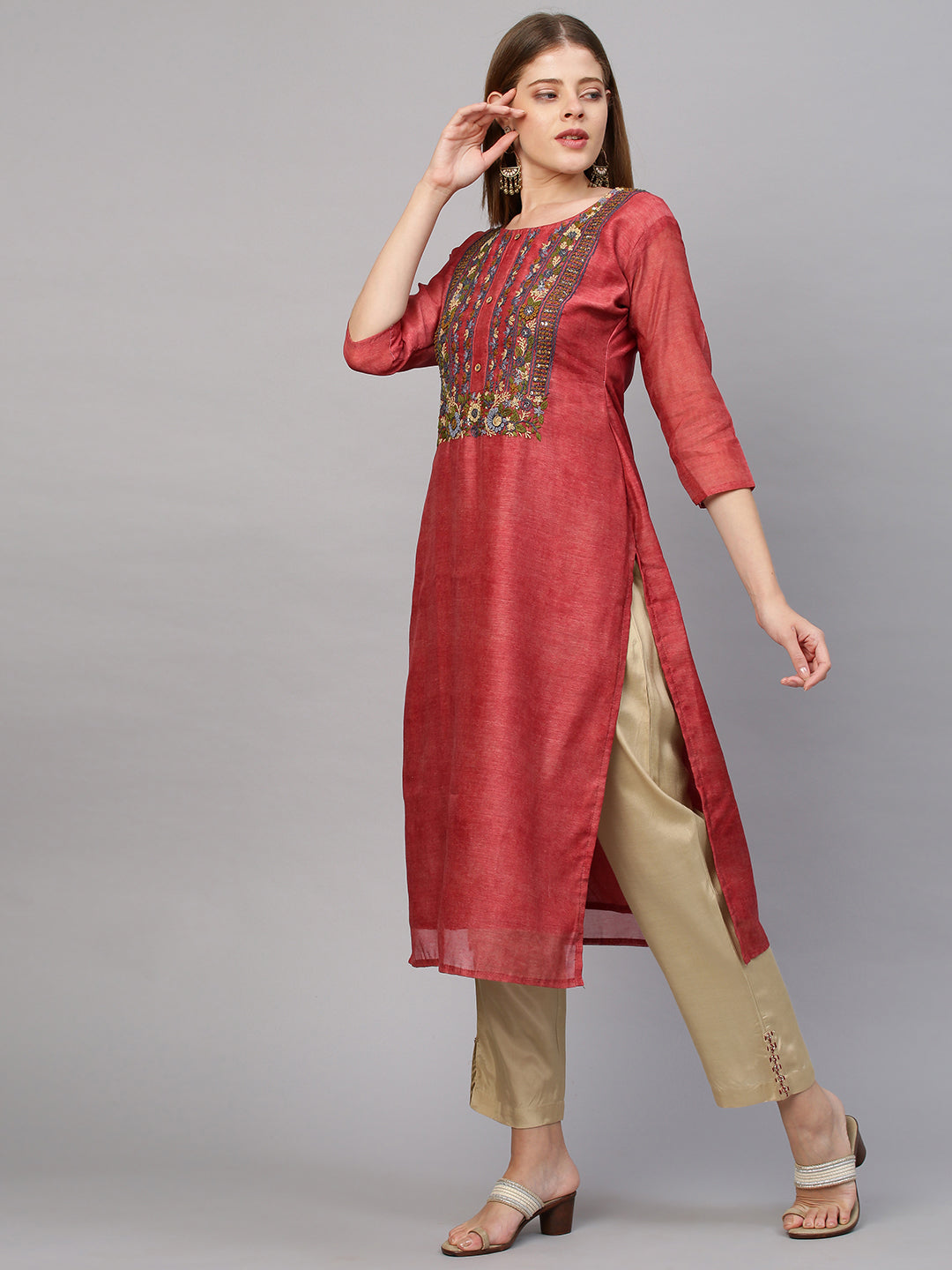 Floral Embroidered Kurta with Printed Dupatta - Salmon Peach