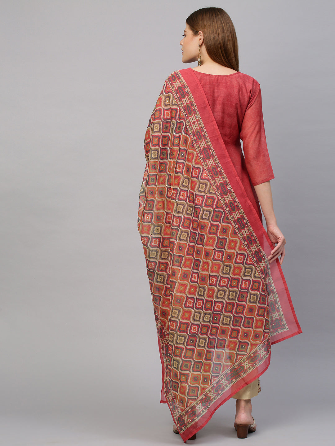 Floral Embroidered Kurta with Printed Dupatta - Salmon Peach