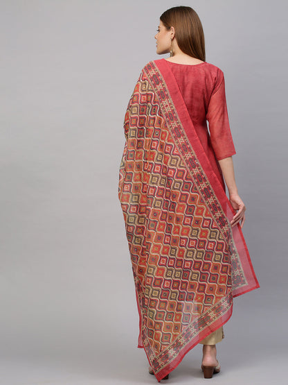 Floral Embroidered Kurta with Printed Dupatta - Salmon Peach