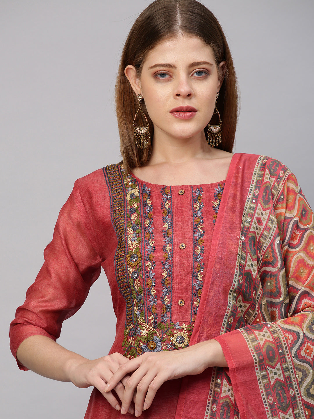Floral Embroidered Kurta with Printed Dupatta - Salmon Peach