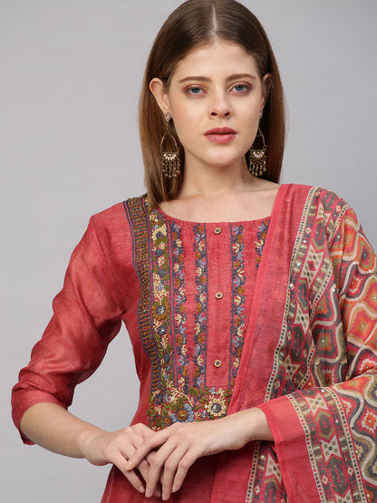 Floral Embroidered Kurta with Printed Dupatta - Salmon Peach