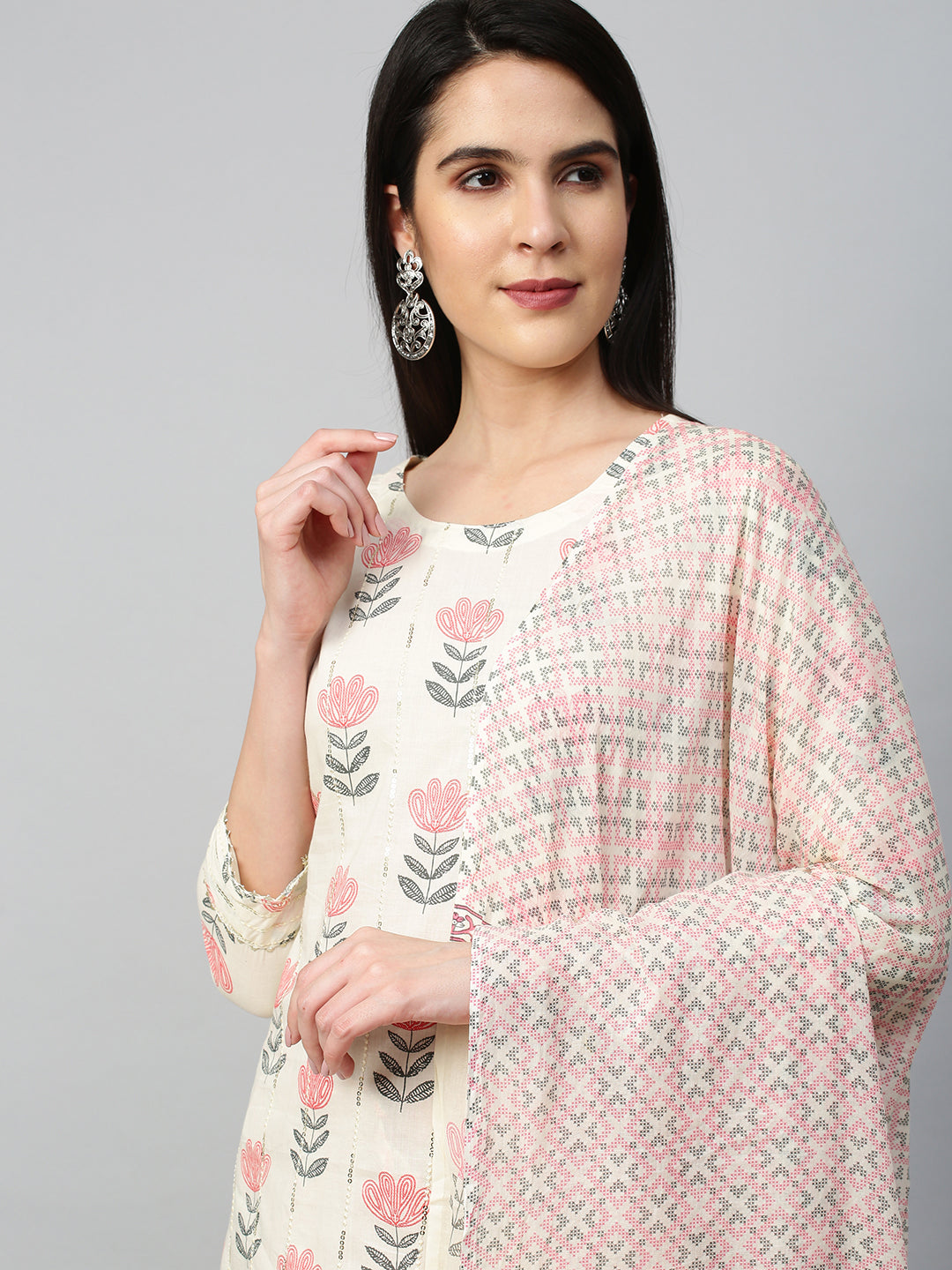 Floral Printed Kurta with Pant and Dupatta - Off White