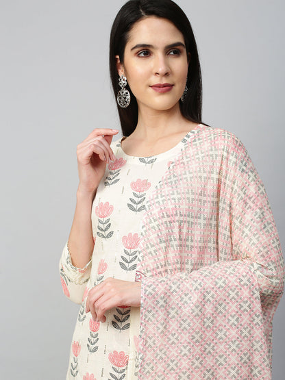 Floral Printed Kurta with Pant and Dupatta - Off White