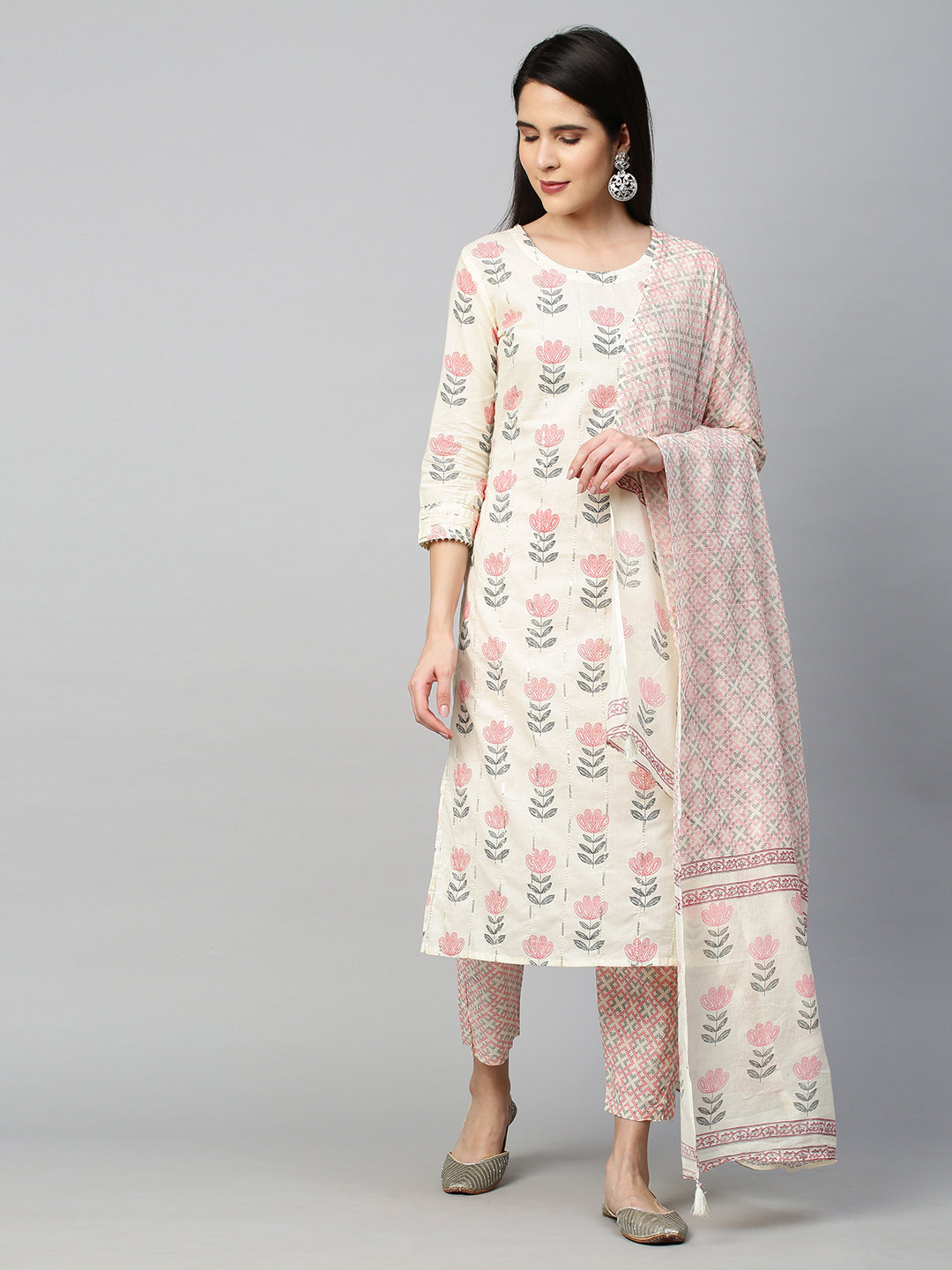Floral Printed Kurta with Pant and Dupatta - Off White