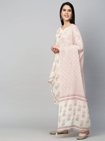 Floral Printed Kurta with Pant and Dupatta - Off White