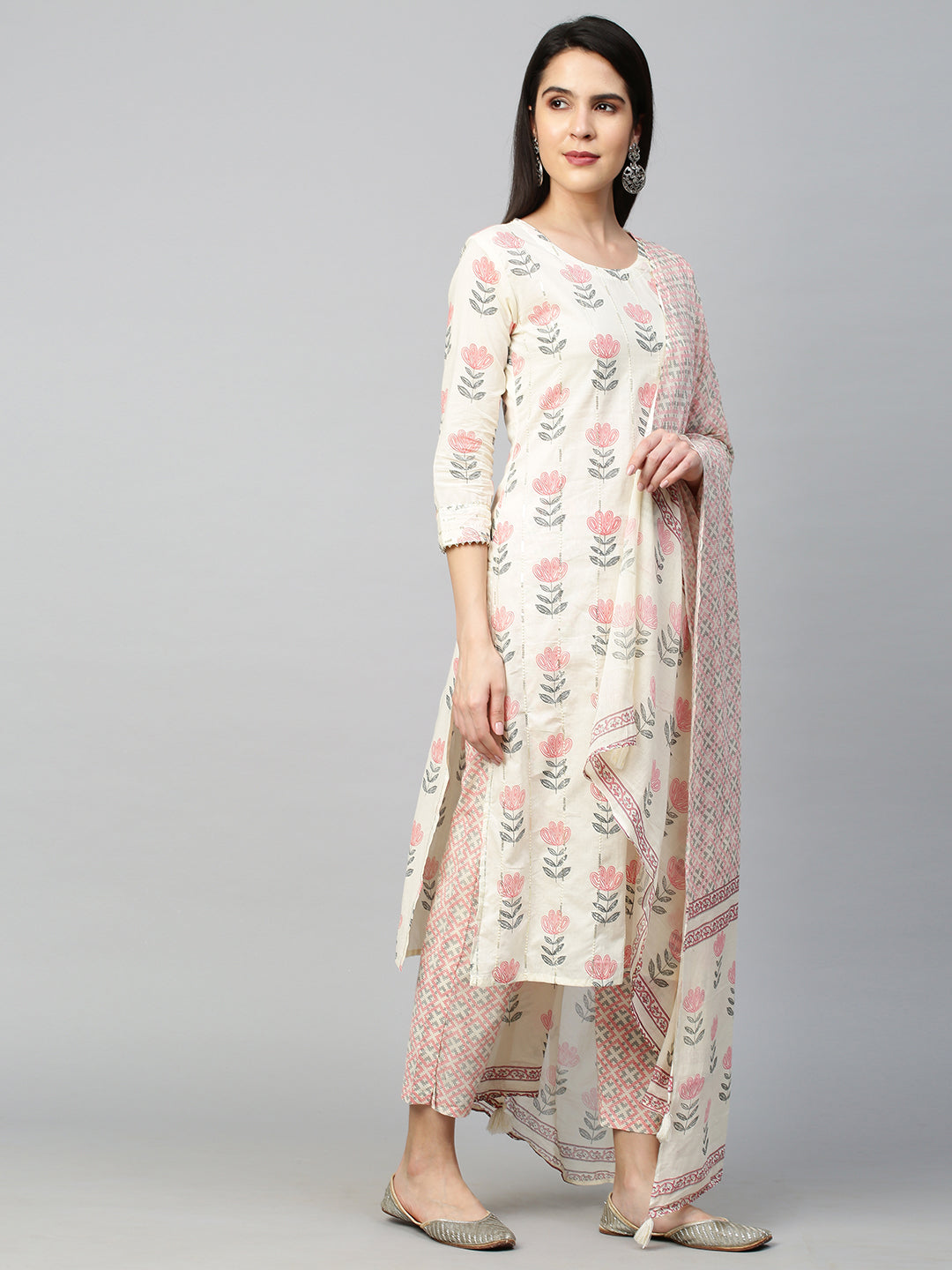 Floral Printed Kurta with Pant and Dupatta - Off White