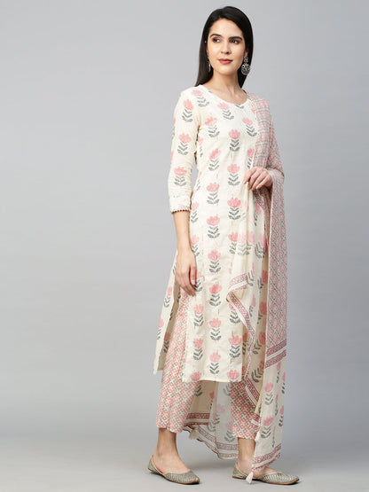 Floral Printed Kurta with Pant and Dupatta - Off White