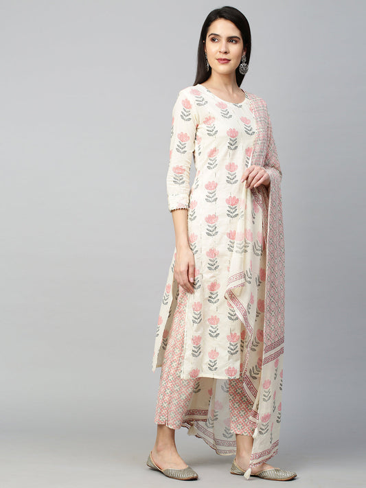 Floral Printed Kurta with Pant and Dupatta - Off White