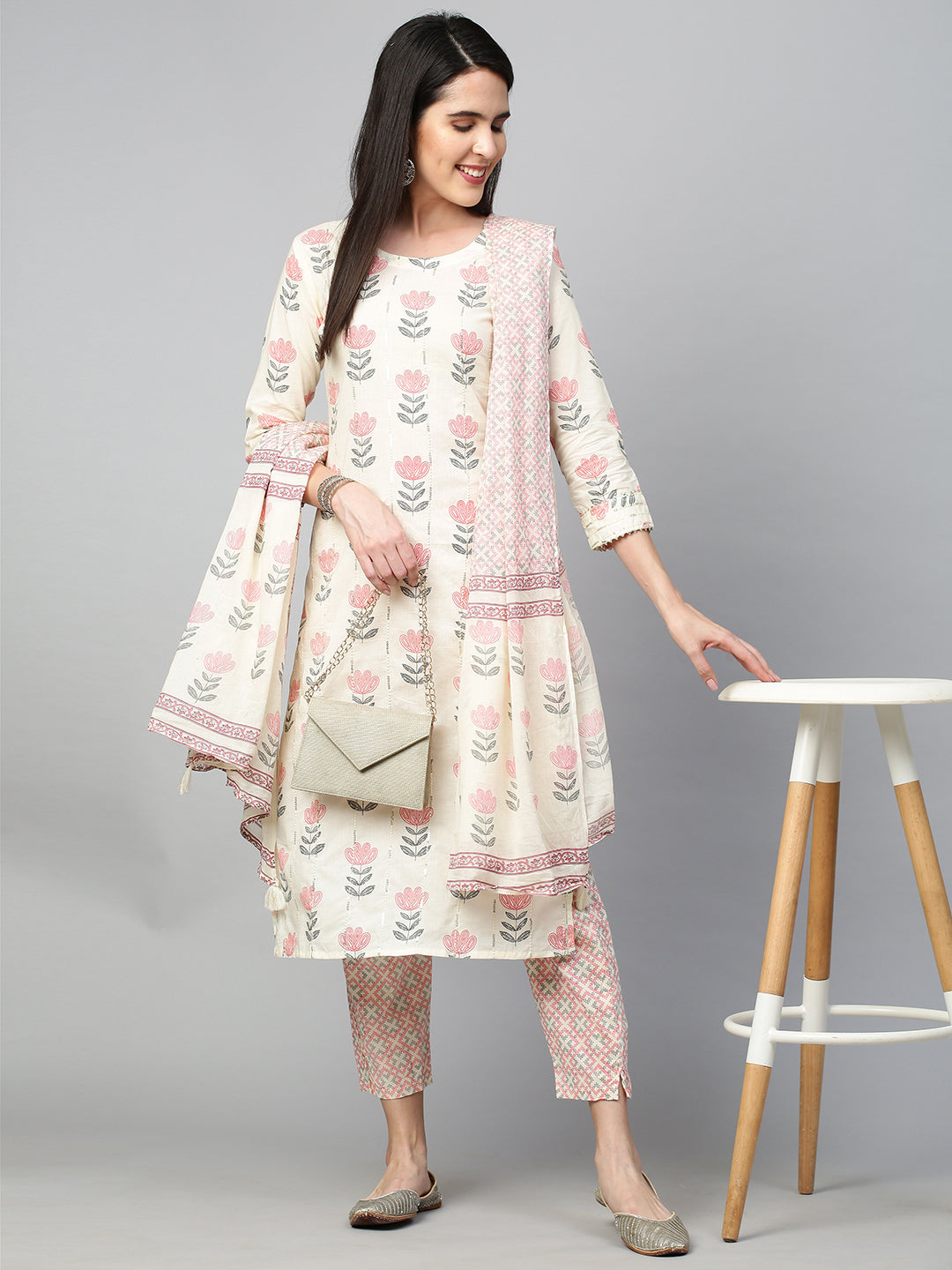 Floral Printed Kurta with Pant and Dupatta - Off White