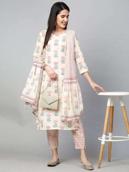 Floral Printed Kurta with Pant and Dupatta - Off White