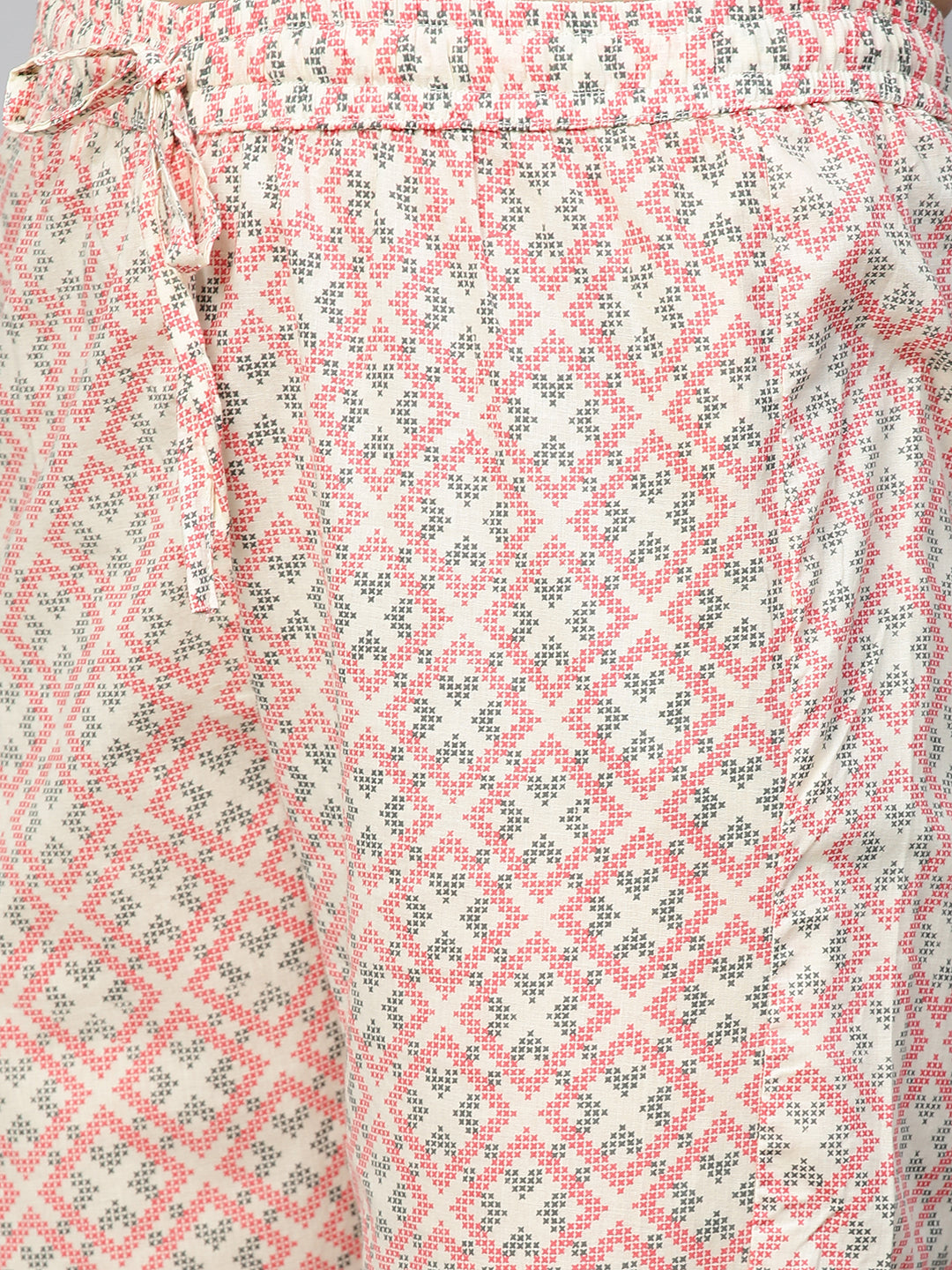 Floral Printed Kurta with Pant and Dupatta - Off White