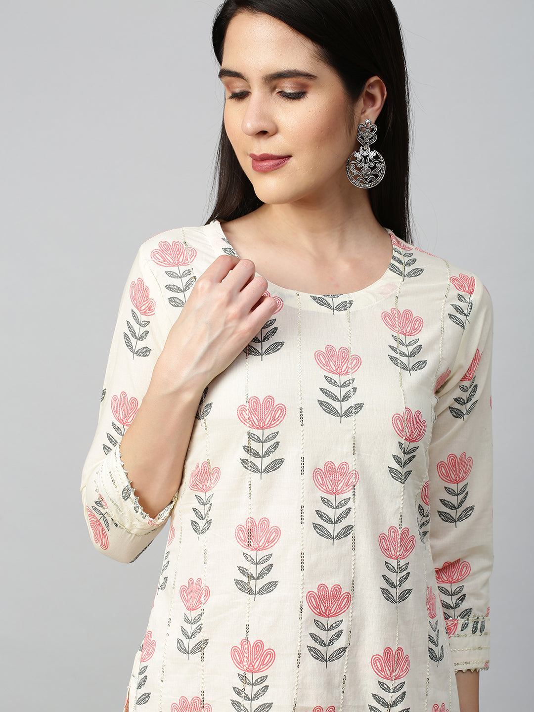 Floral Printed Kurta with Pant and Dupatta - Off White