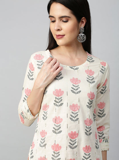 Floral Printed Kurta with Pant and Dupatta - Off White