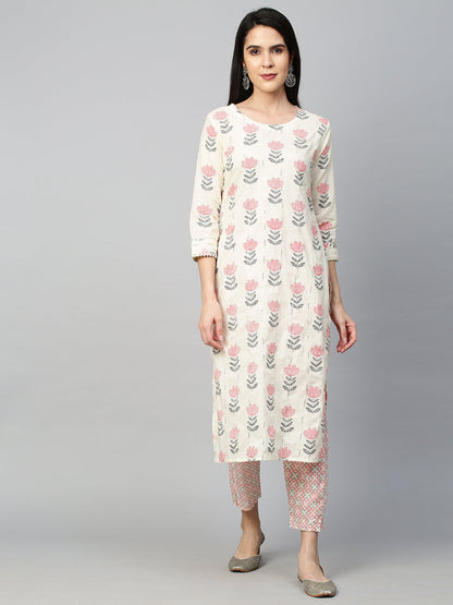 Floral Printed Kurta with Pant and Dupatta - Off White