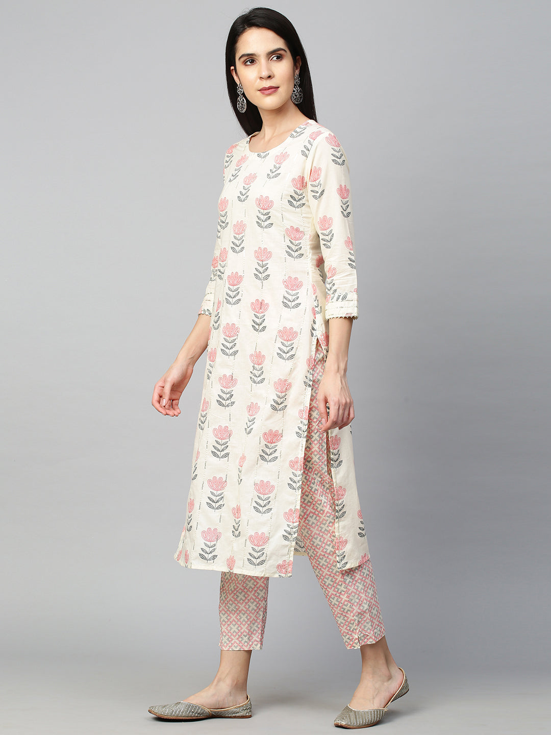 Floral Printed Kurta with Pant and Dupatta - Off White